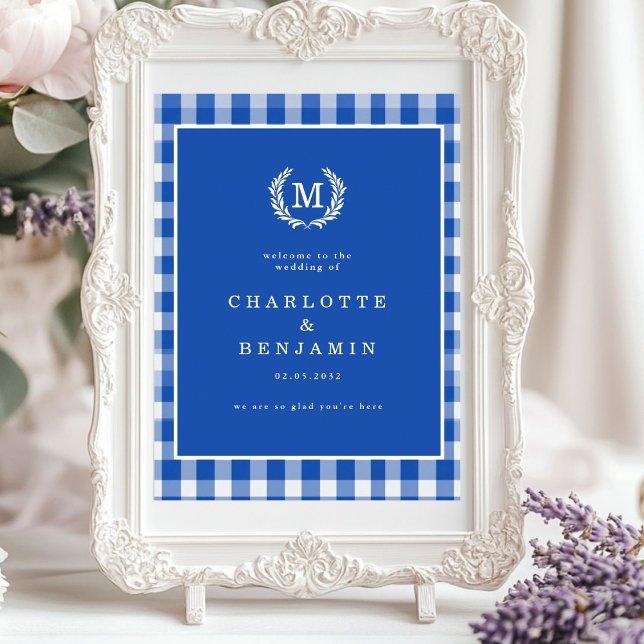 Blue Gingham Monogram Wappen Wedding Welcome Poster (Blue Gingham Monogram Crest Wedding Welcome Poster)