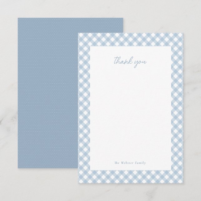 Blue Gingham niedliche personalisierte Babydusche Dankeskarte (Vorne/Hinten)