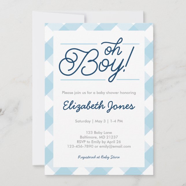 Blue Gingham "Oh Boy" Baby Shower Einladungen (Vorderseite)