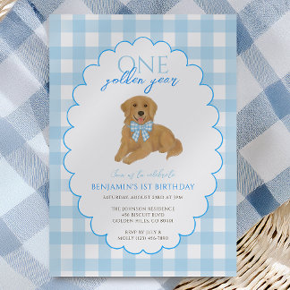 Blue Gingham One Golden Year 1. Geburtstag Welpe Einladung