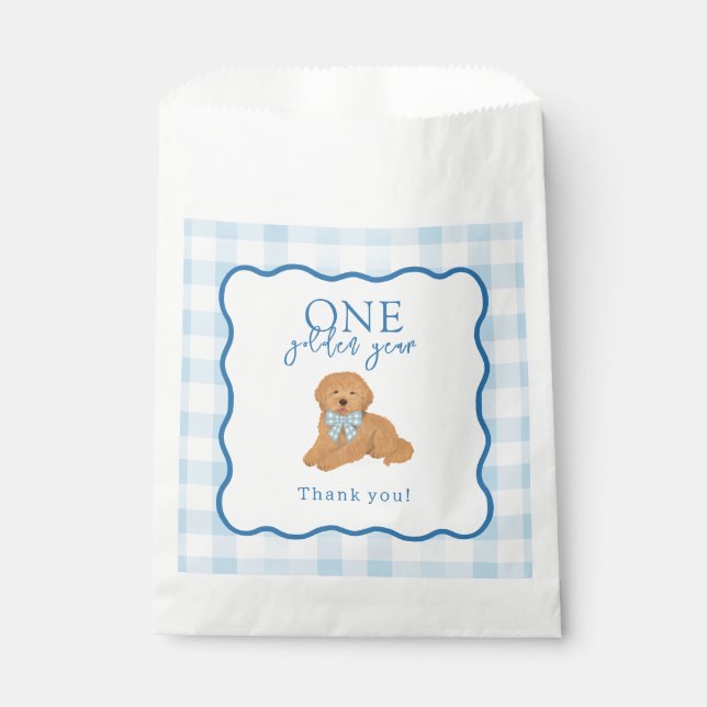 Blue Gingham One Golden Year Boys First Birthday Geschenktütchen (Vorderseite)