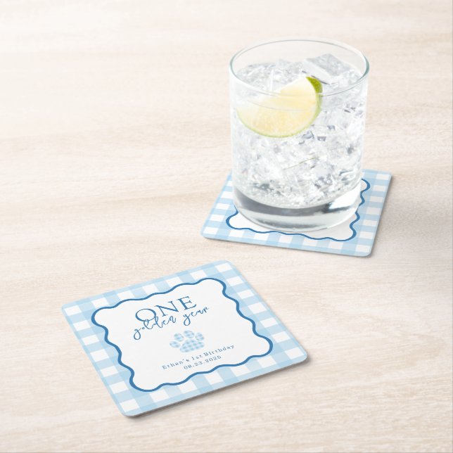 Blue Gingham One Golden Year First Birthday Rechteckiger Pappuntersetzer (Vor Ort)