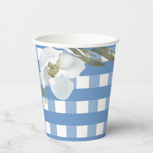 Blue Gingham Party Tableware Wasserfarbe Blume Pappbecher (Vorderseite)