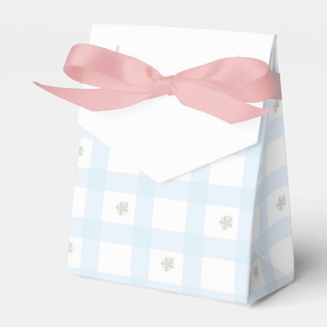 Blue Gingham Pattern Floral Cartoon Party Supplies Geschenkschachtel (Vorderseite)