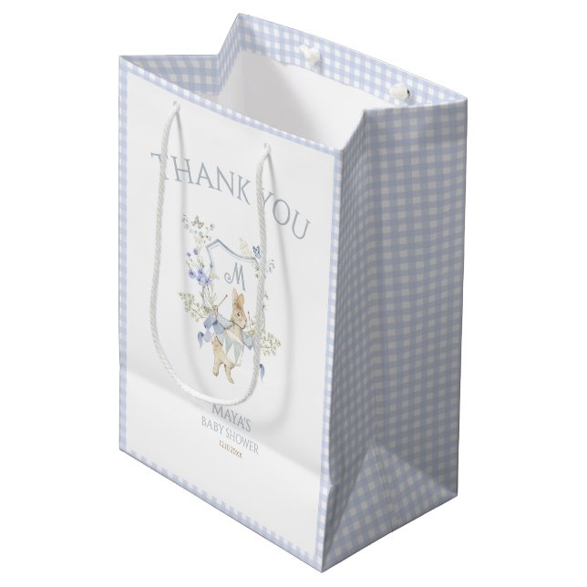 Blue Gingham Peter die Rabbit Baby Dusche MUTED BL Mittlere Geschenktüte (Vorderseite Schrägansicht)