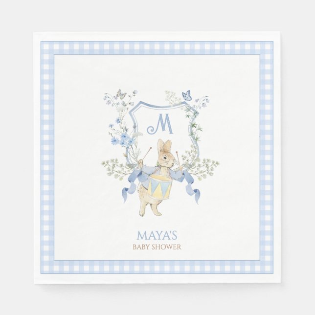 Blue Gingham Peter die Rabbit Monogram Baby Dusche Serviette (Vorderseite)