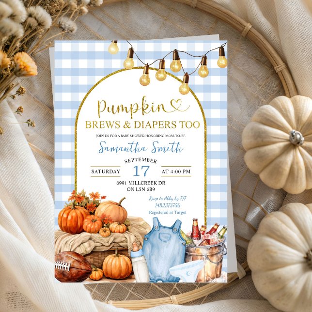 Blue Gingham Pumpkin Brews & Diapers Baby Shower Einladung (Von Creator hochgeladen)