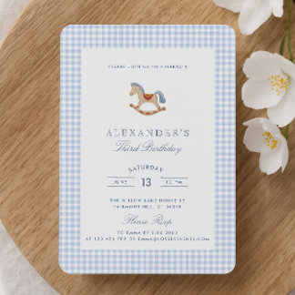Blue Gingham Rocking Horboys zum Geburtstag Einladung