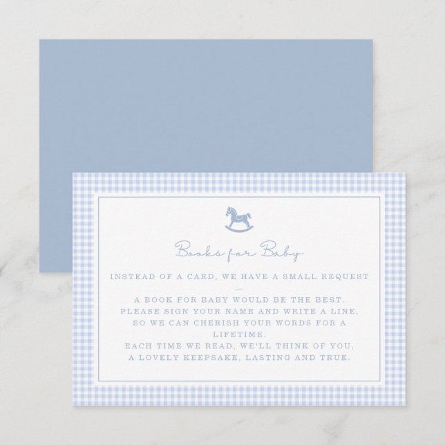 Blue Gingham Rocking Horoks for Baby Card Ankündigung (Vorne/Hinten)