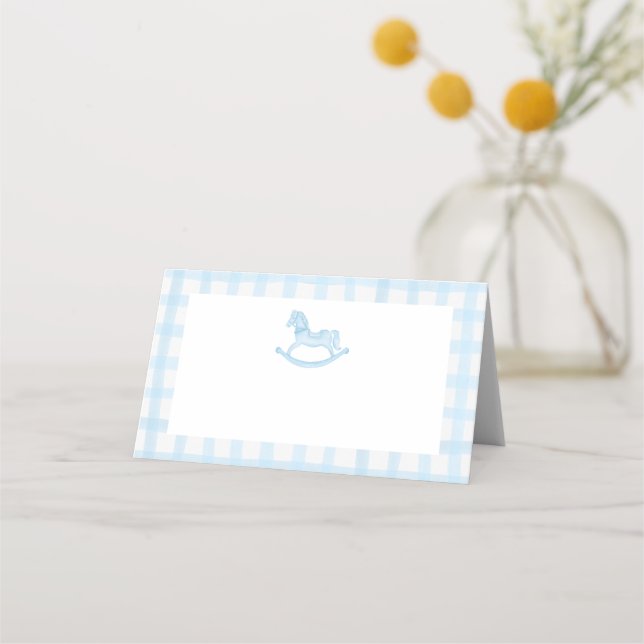 Blue Gingham Rocking Horse Baby Dusche Platzkarte (Vorderseite)