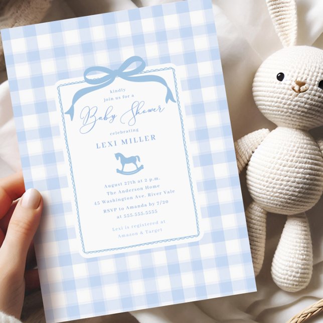 Blue Gingham Rocking Horse Baby Shower Einladung (Von Creator hochgeladen)
