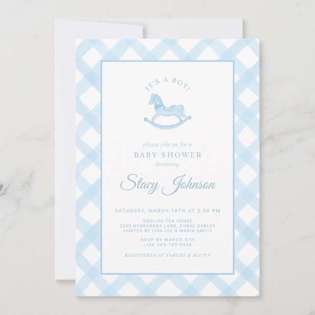 Blue Gingham Rocking Horse Boy Baby Showeinladung Einladung (Vorderseite)