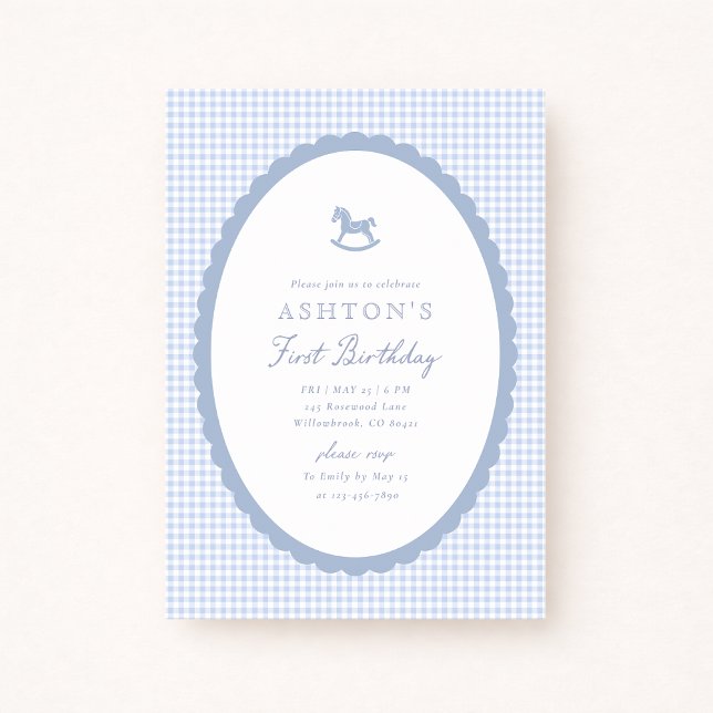 Blue Gingham Rocking Horse Boy Birthday Invitation (Créateur téléchargé)