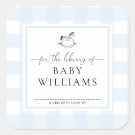 Blue Gingham Rocking Horse Library of Buchzeichen Quadratischer Aufkleber