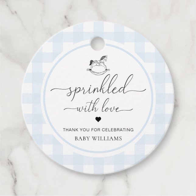 Blue Gingham Rocking Hose gesprinklt mit Liebe Geschenkanhänger (Vorderseite)