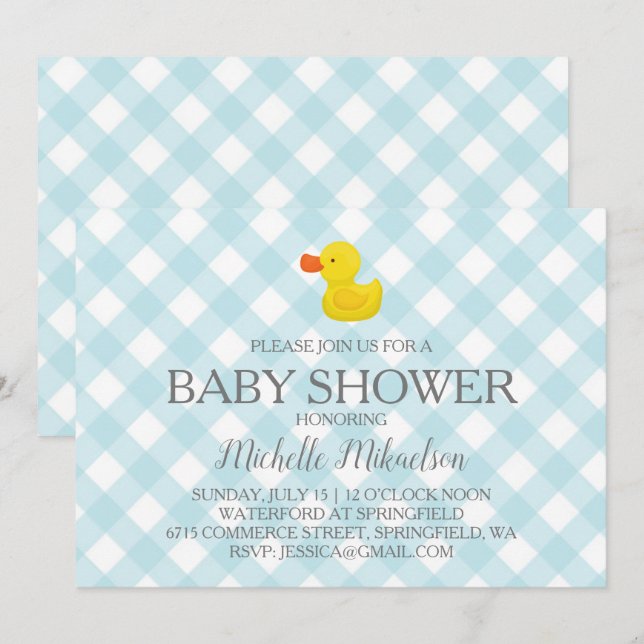 Blue Gingham Rubber Duckie Baby Duckie Einladung (Vorne/Hinten)