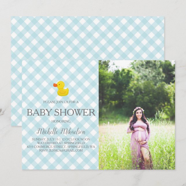 Blue Gingham Rubber Duckie Baby Duckie Foto Einladung (Vorne/Hinten)
