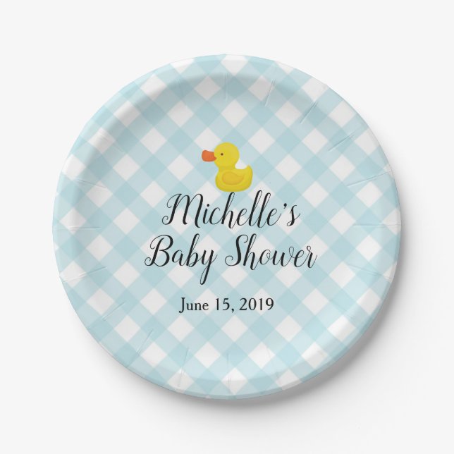 Blue Gingham Rubber Duckie Baby Duckie Pappteller (Vorderseite)