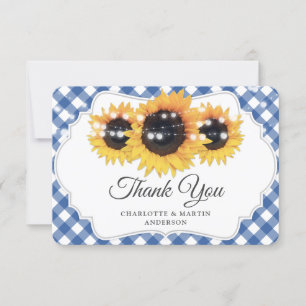 Blue Gingham Rustic Sunflower Wedding Dankeskarte