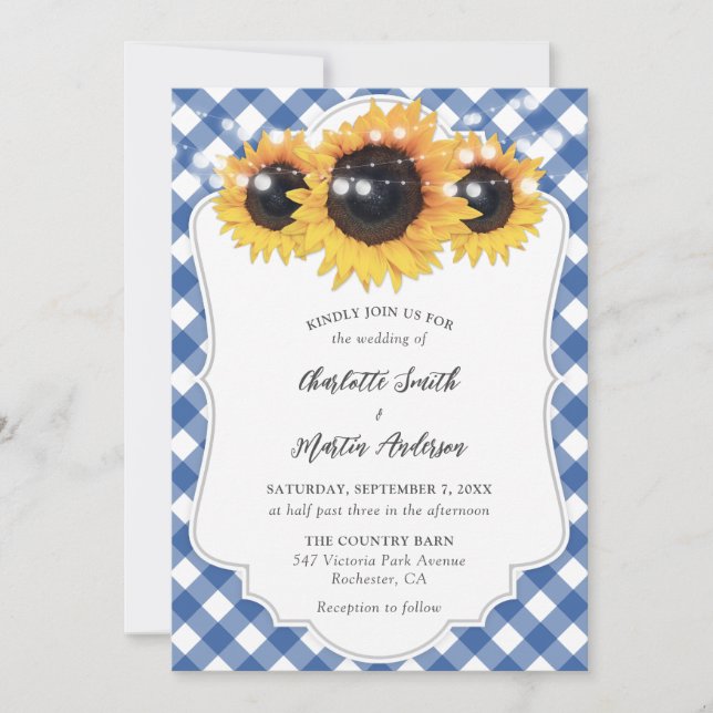 Blue Gingham Rustic Sunflower Wedding Einladung (Vorderseite)