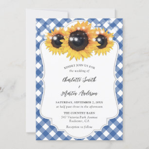 Blue Gingham Rustic Sunflower Wedding Einladung