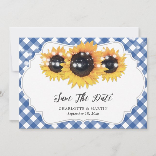 Blue Gingham Rustic Sunflower Wedding Foto Save The Date (Vorderseite)