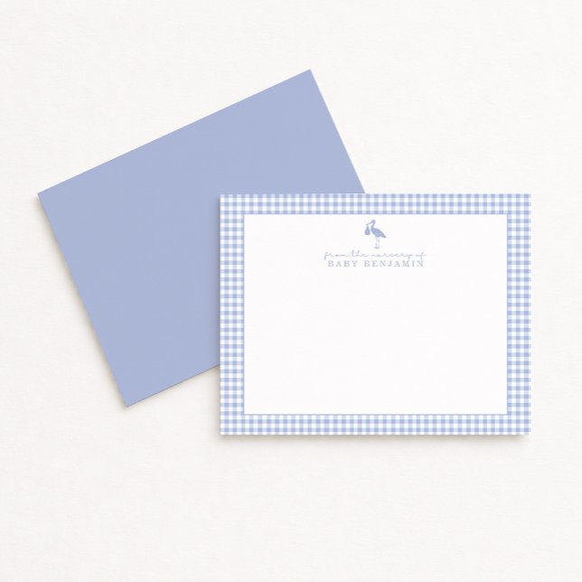 Blue Gingham Stork Nursery Note Card Einladung (Von Creator hochgeladen)