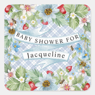 Blue Gingham Strawberry Berry Baby to Bee Shower Quadratischer Aufkleber