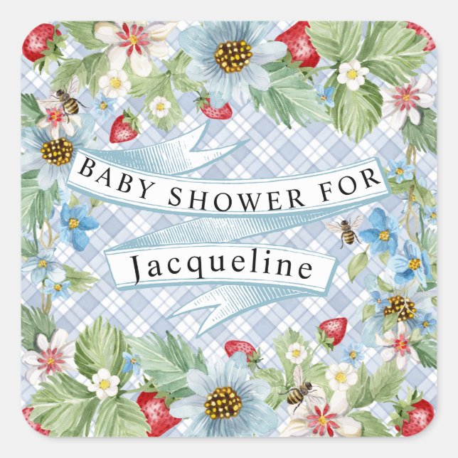 Blue Gingham Strawberry Berry Baby to Bee Shower Quadratischer Aufkleber (Vorderseite)