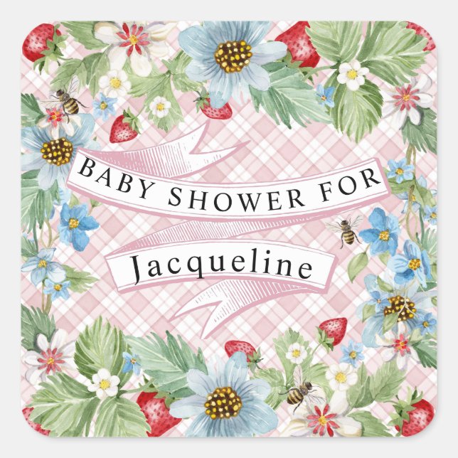 Blue Gingham Strawberry Berry Baby to Bee Shower Quadratischer Aufkleber (Vorderseite)