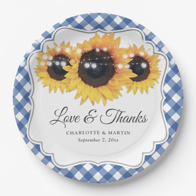 Blue Gingham Sunflower Liebe und Danke Wedding Pappteller (Vorderseite)