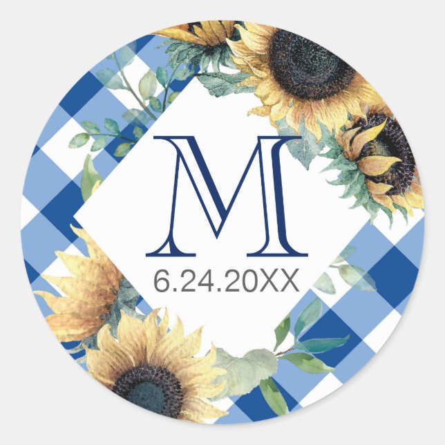 Blue Gingham Sunflower Vielen Dank Runder Aufkleber (Vorderseite)