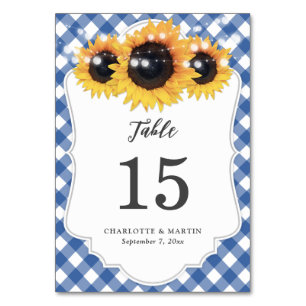 Blue Gingham Sunflower Wedding Tischnummer Card