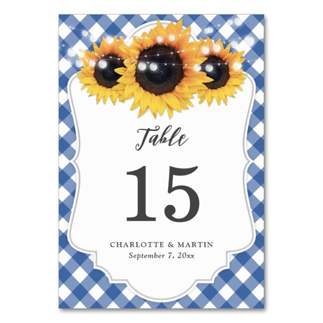 Blue Gingham Sunflower Wedding Tischnummer Card (Vorderseite)