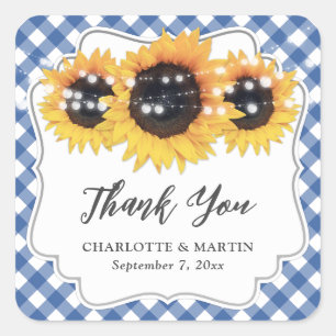 Blue Gingham Sunflower Wedding Vielen Dank Quadratischer Aufkleber