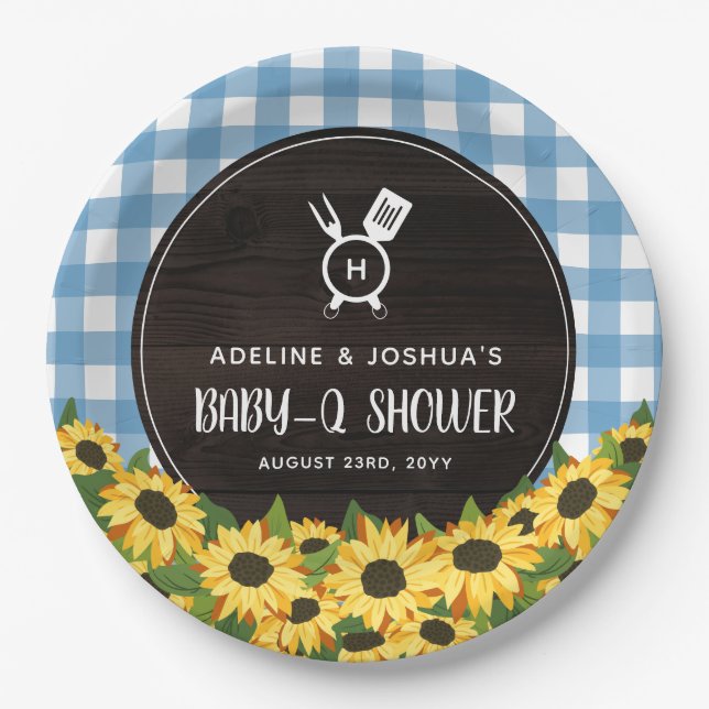 Blue Gingham & Sunflowers Rustic Baby-Q Dusche Pappteller (Vorderseite)