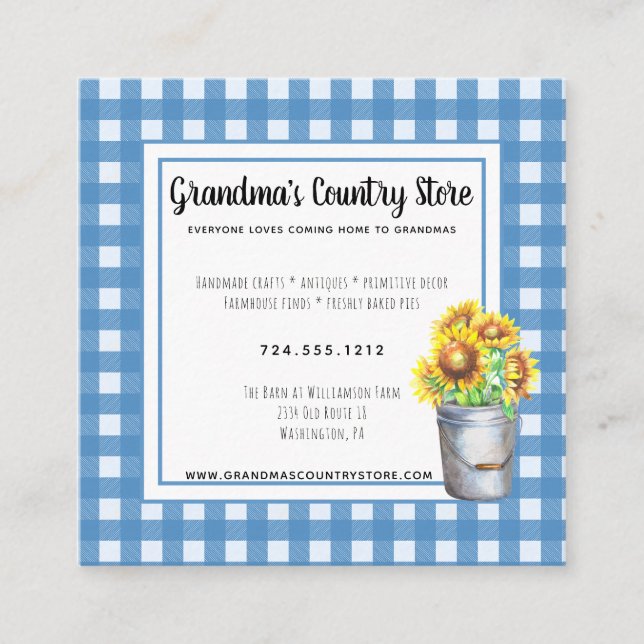 Blue Gingham & Sunflowers Rustic Country Business Quadratische Visitenkarte (Vorderseite)