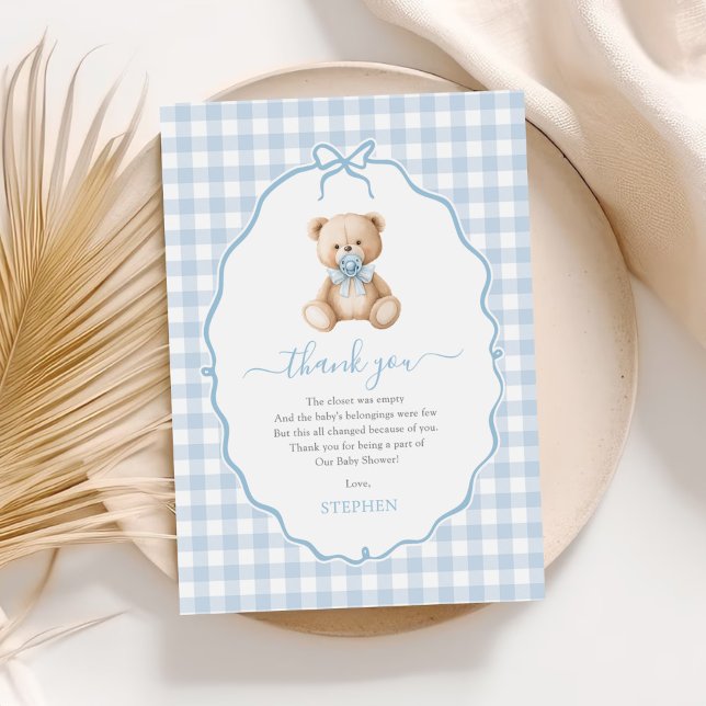 Blue Gingham Teddy Bear Baby Shower Dankeskarte (Von Creator hochgeladen)