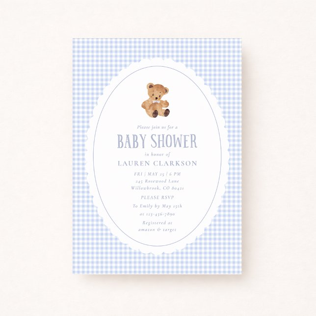 Blue Gingham Teddy Bear Baby Shower Invitation Ankündigung (Von Creator hochgeladen)