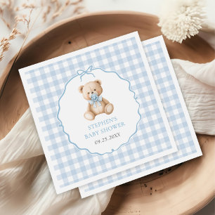 Blue Gingham Teddy Bear Baby Shower Serviette