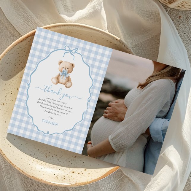 Blue Gingham Teddy Bear Baby ShowFoto Dankeskarte (Von Creator hochgeladen)