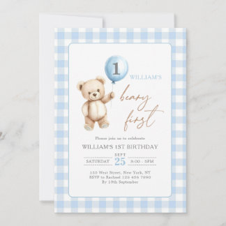 Blue Gingham Teddy Bear Balloon Boy 1st Birthday Einladung