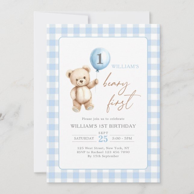 Blue Gingham Teddy Bear Balloon Boy 1st Birthday Einladung (Vorderseite)