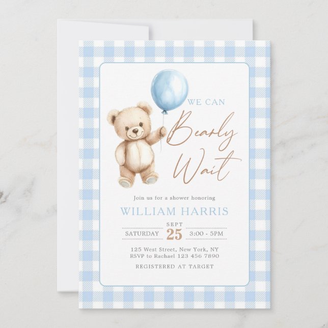Blue Gingham Teddy Bear Balloon Boy Baby Shower Einladung (Vorderseite)