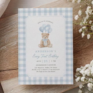 Blue Gingham Teddy Bear Beary First Birthday Einladung