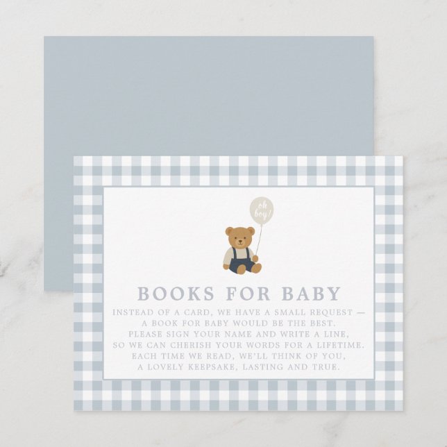 Blue Gingham Teddy Bear Books for baby card Einladung (Vorne/Hinten)