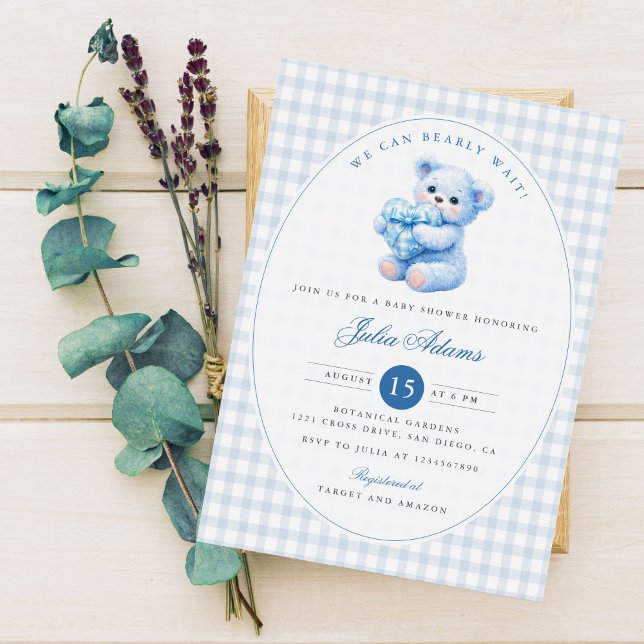 Blue Gingham Teddy Bear Neutral Baby Shower Einladung (Von Creator hochgeladen)