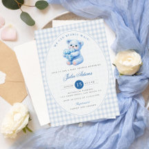 Blue Gingham Teddy Bear Neutral Baby Shower