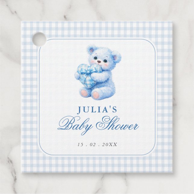 Blue Gingham Teddy Bear Neutral Baby Shower Geschenkanhänger (Vorderseite)