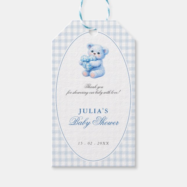 Blue Gingham Teddy Bear Neutral Baby Shower Geschenkanhänger (Vorderseite)